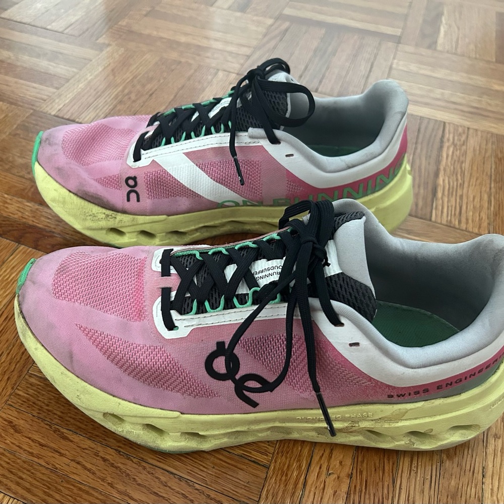 On Running Women's Pink and Yellow Cloudsurfer Next Running Shoes